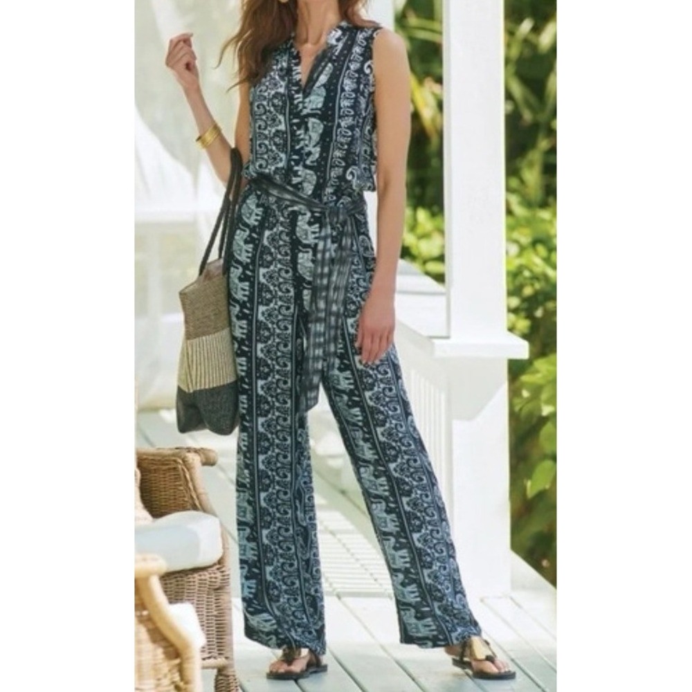 Soft Surroundings Sydney Wide Leg Sleeveles Elephant Paisley Batik Jumpsuit Sz L - Picture 1 of 7